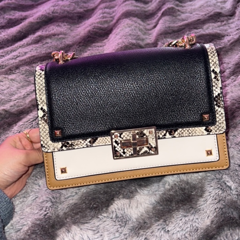 Aldo Black, White & Tan Crossbody Bag with Snake-Trim